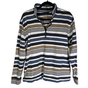 Orvis Womens XL Striped Quarter Zip Pullover Cotton Mock Neck Navy Blue Tan